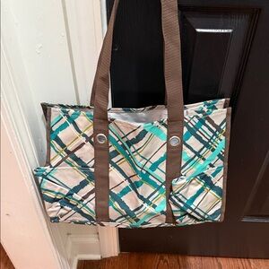 Thirty-One Plaid Tote Bag - Teal and Brown